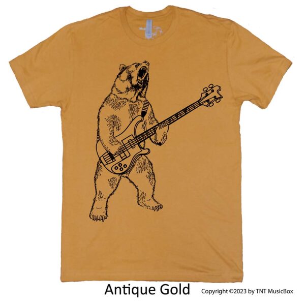 Bear Playing Bass on an Antique Gold T-shirt