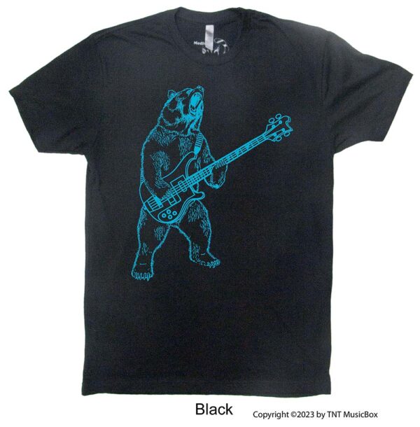 Bear Playing Bass on a black T-shirt