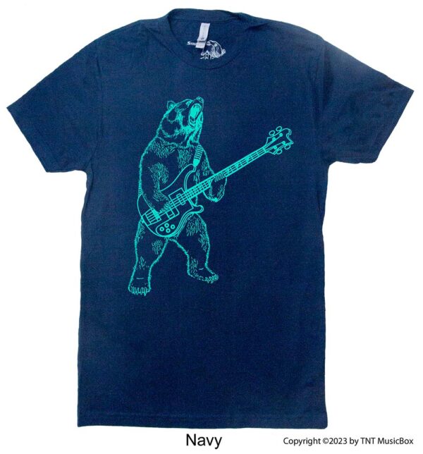 Bear Playing Bass on a navy T-shirt