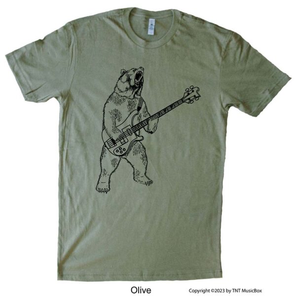 Bear Playing Bass on an olive T-shirt