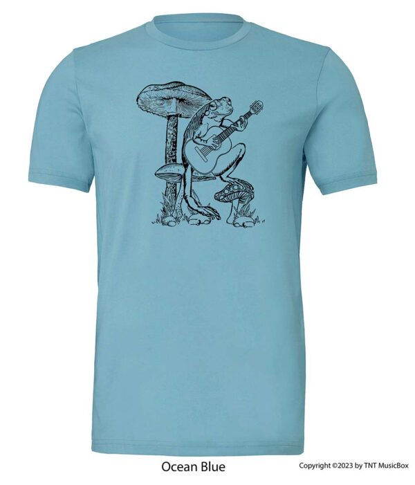 Frog Playing Guitar on an Ocean Blue Tee Shirt