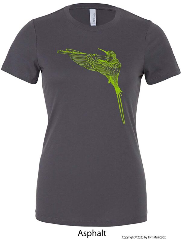 Hummingbird Playing Flute on an Asphalt T-Shirt.