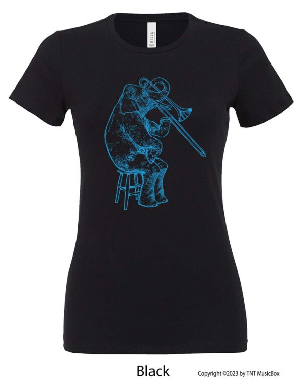Elephant playing Trombone on a Black T-shirt.