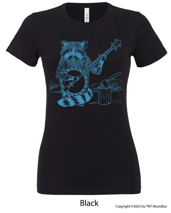 Racoon Playing Banjo on a black Tee