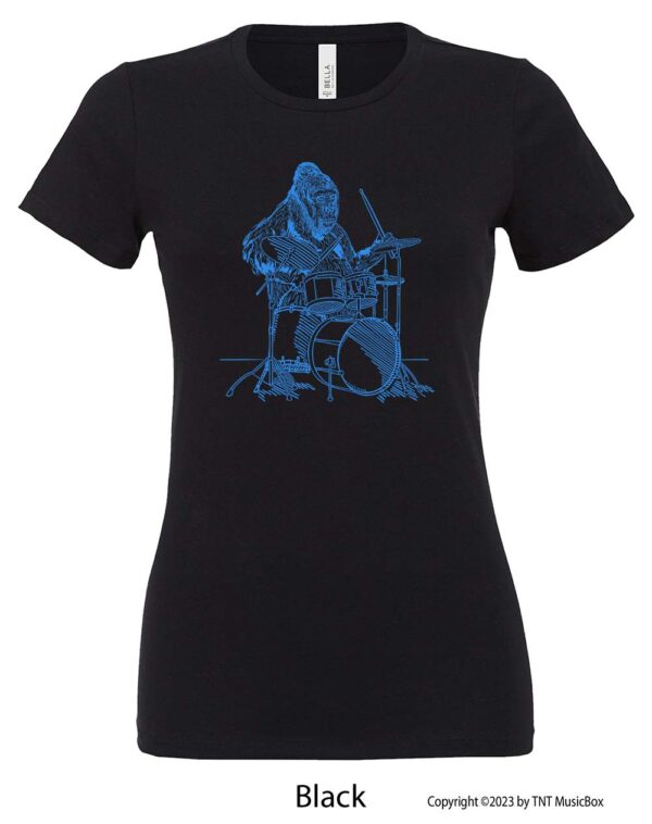 Gorilla playing drums on a black t-shirt.