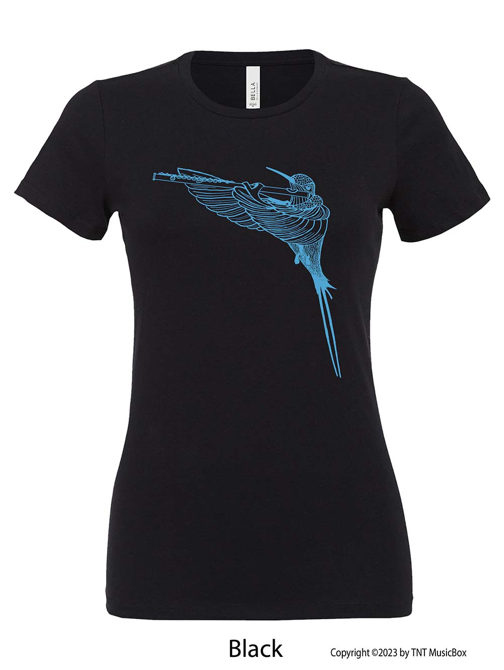 Hummingbird Playing Flute on a Black T-Shirt.