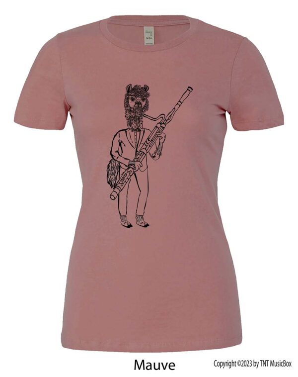 Llama Playing Bassoon on a Mauve T-shirt