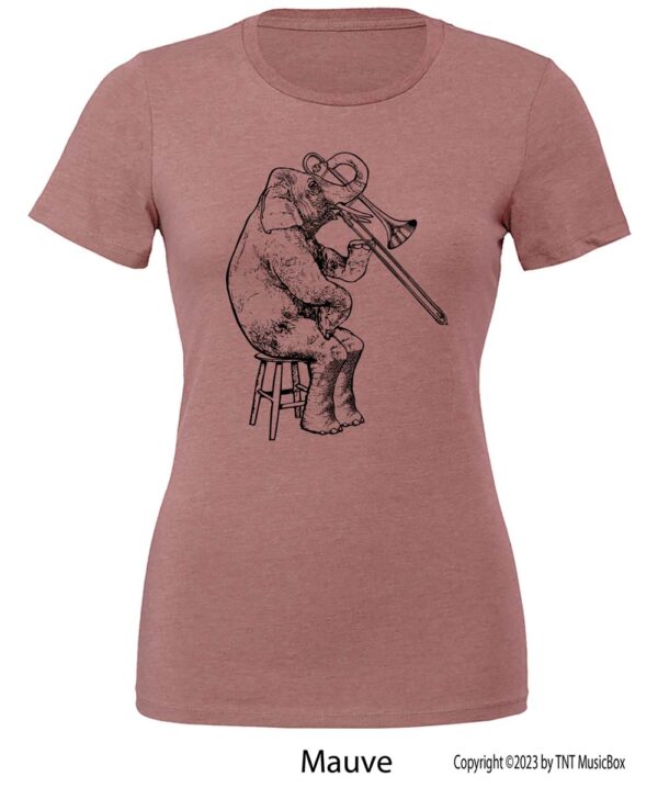 Elephant playing Trombone on a Mauve T-shirt.