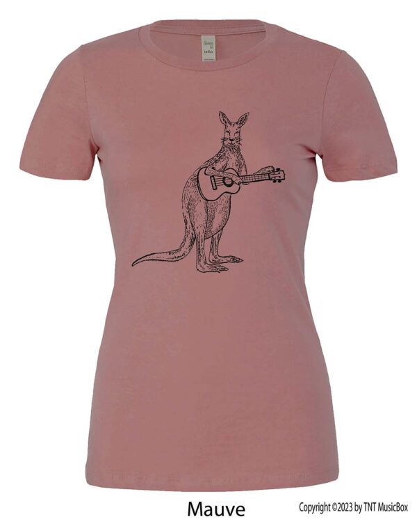 Kangaroo Playing Ukulele on a mauve shirt