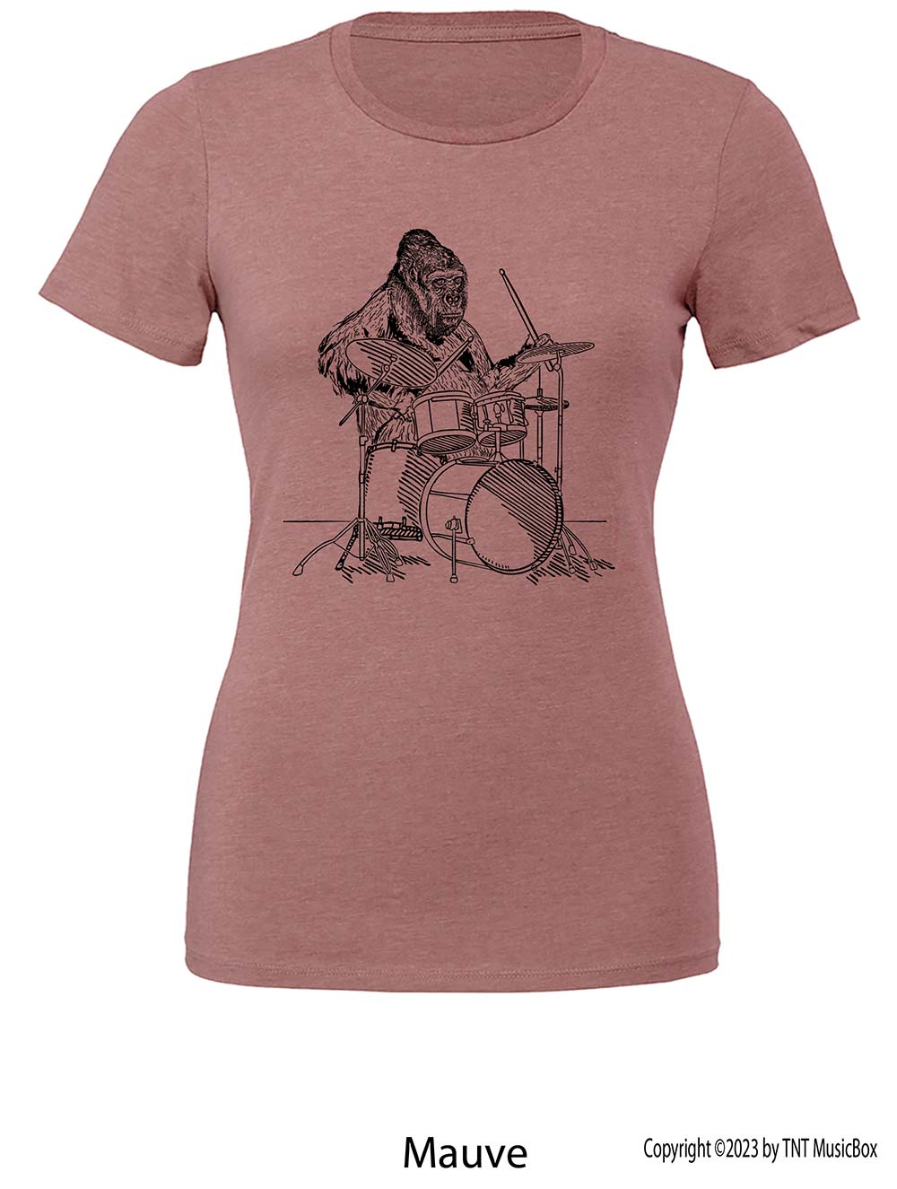 Gorilla playing drums on a Mauve t-shirt.