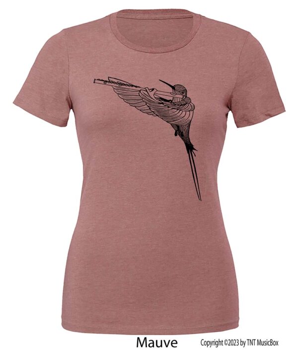 Hummingbird Playing Flute on a Mauve T-Shirt.
