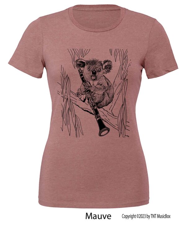 Koala playing clarinet on a Mauve t-shirt
