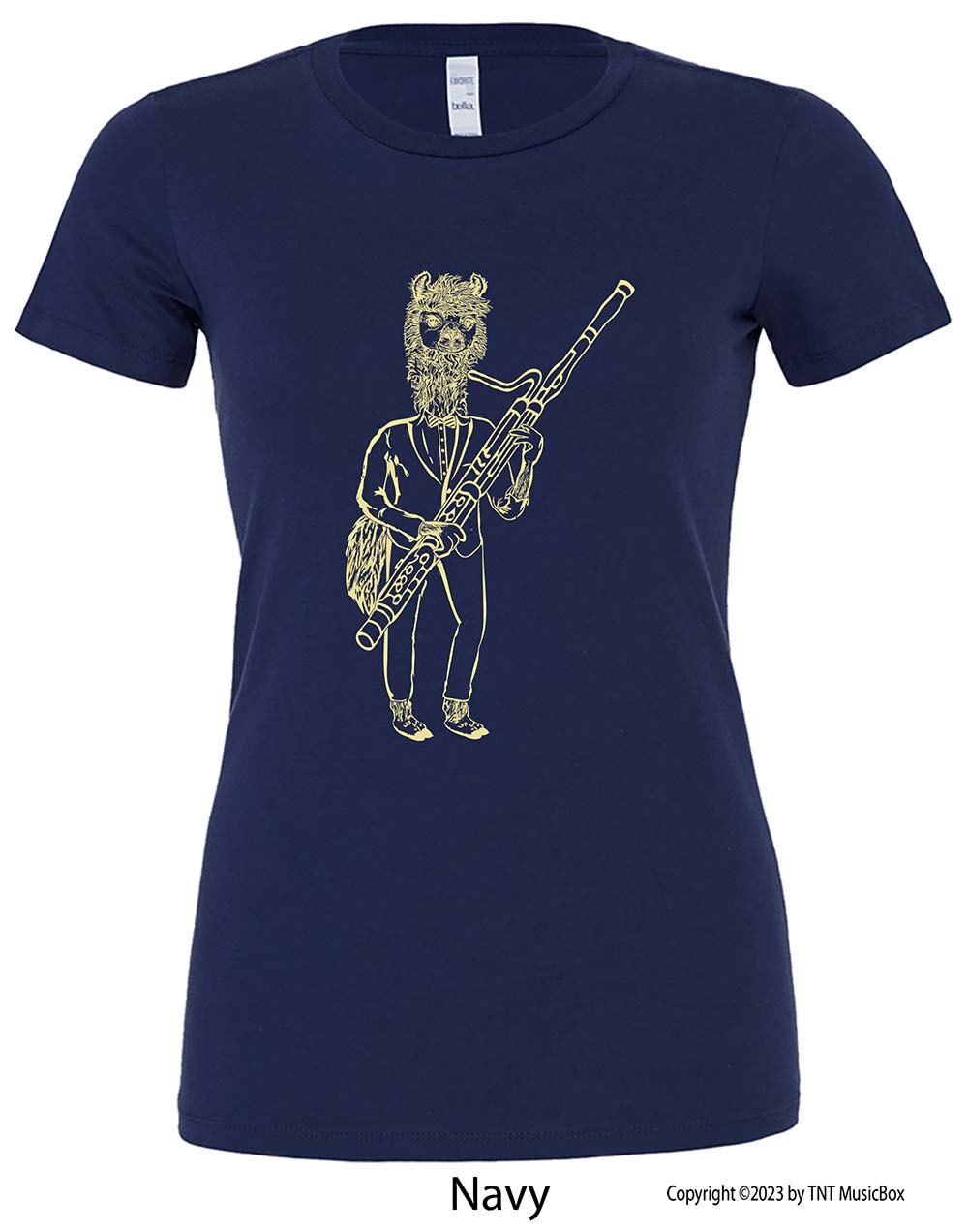 Llama Playing Bassoon on a Navy T-shirt