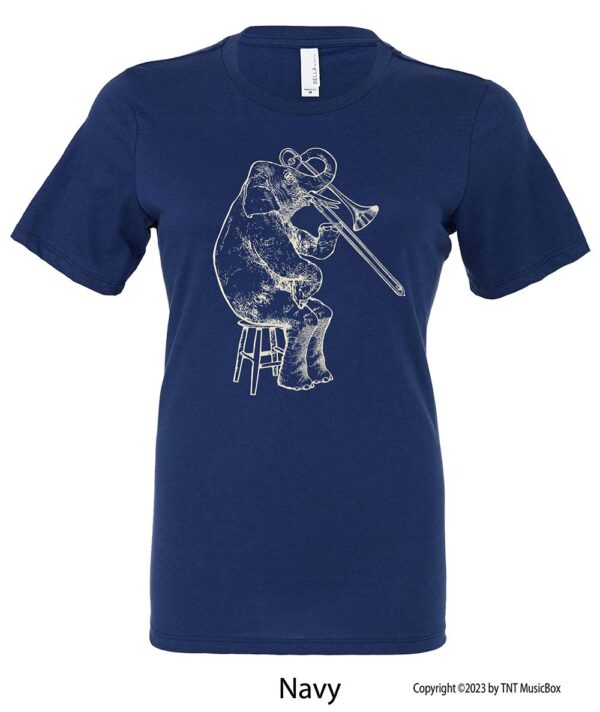 Elephant playing Trombone on a Navy T-shirt.
