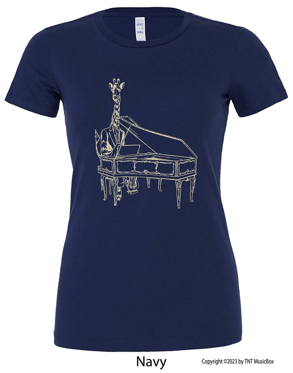 Giraffe Playing Piano on a Navy Shirt