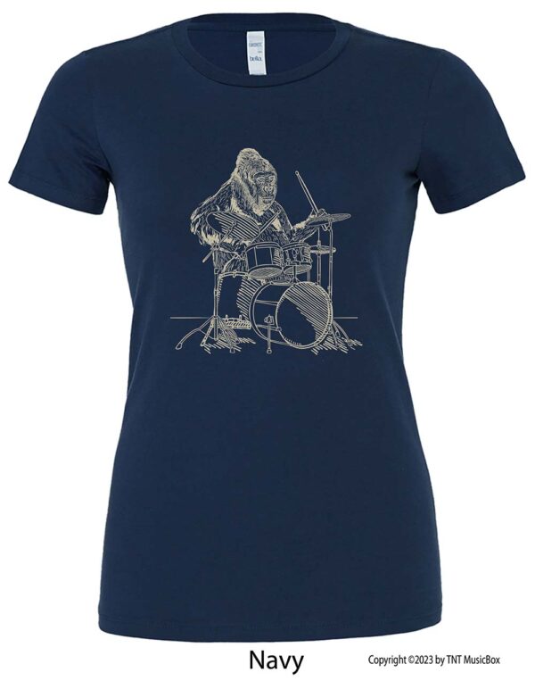 Gorilla playing drums on a Navy t-shirt.