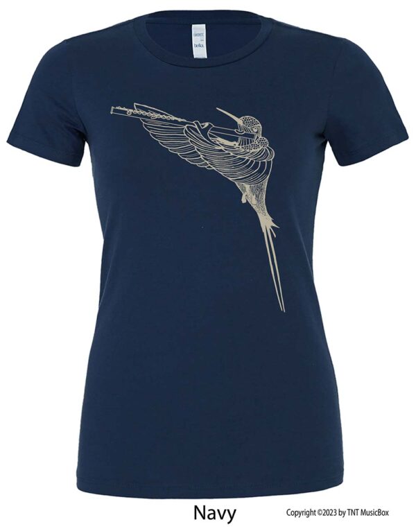 Hummingbird Playing Flute on a Navy T-Shirt.