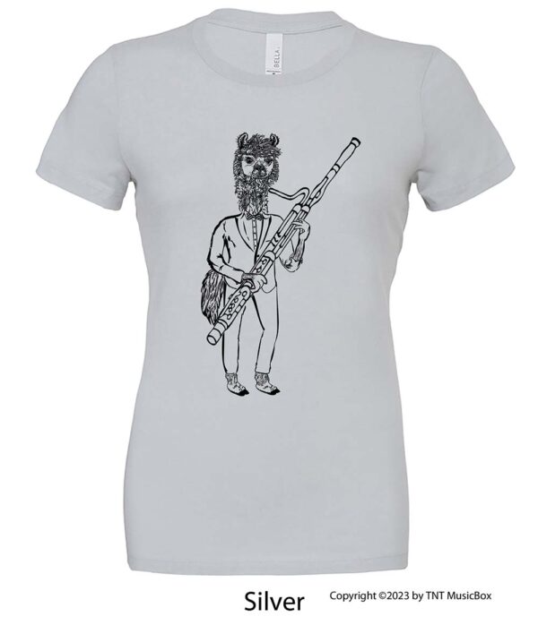 Llama Playing Bassoon on a Silver T-shirt