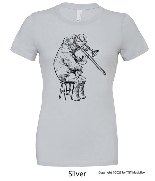 Elephant playing Trombone on a Silver T-shirt.