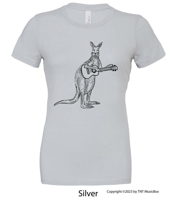 Kangaroo Playing Ukulele on a silver shirt