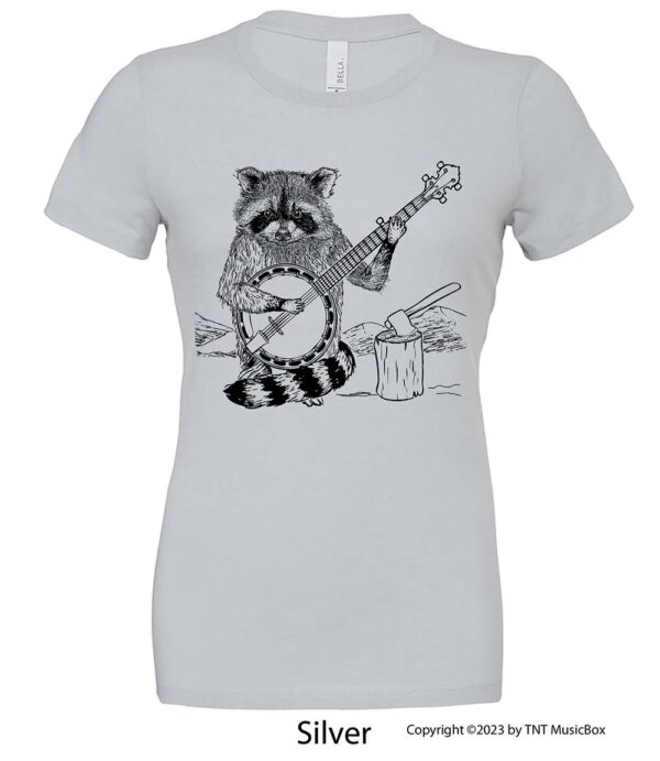 Racoon Playing Banjo on a Silver Tee