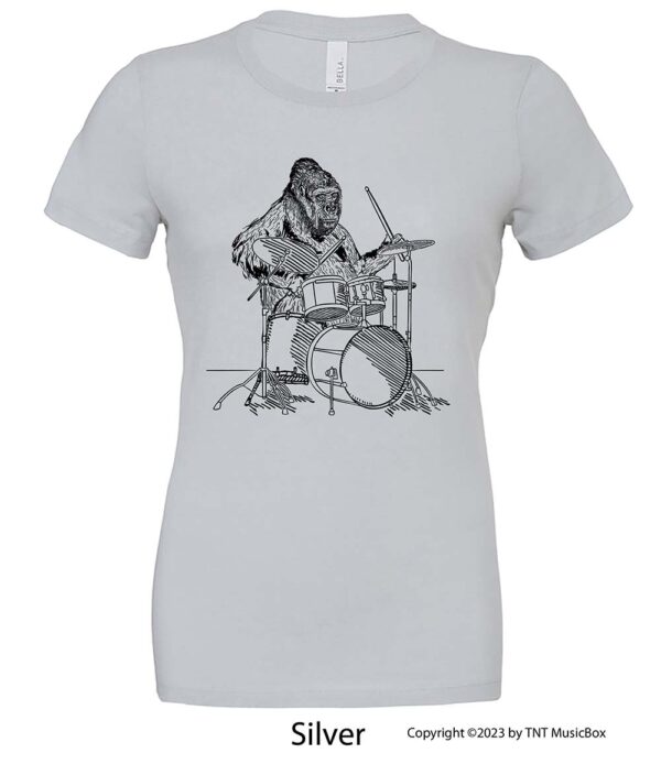 Gorilla playing drums on a Silver t-shirt.