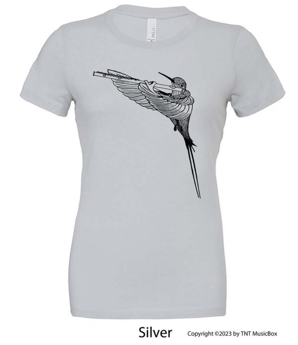Hummingbird Playing Flute on a Silver T-Shirt.