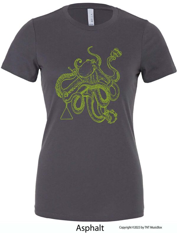 Octopus playing percussion on a heather green teeOctopus playing percussion on a asphalt tee