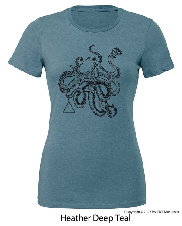 Octopus playing percussion on a heather green teeOctopus playing percussion on a heather deep teal tee