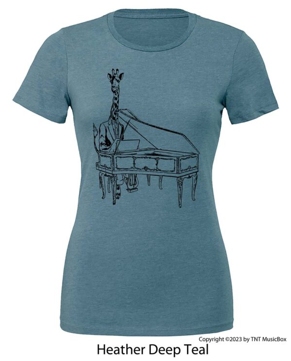 Giraffe Playing Piano on a Heather Deep Teal Shirt