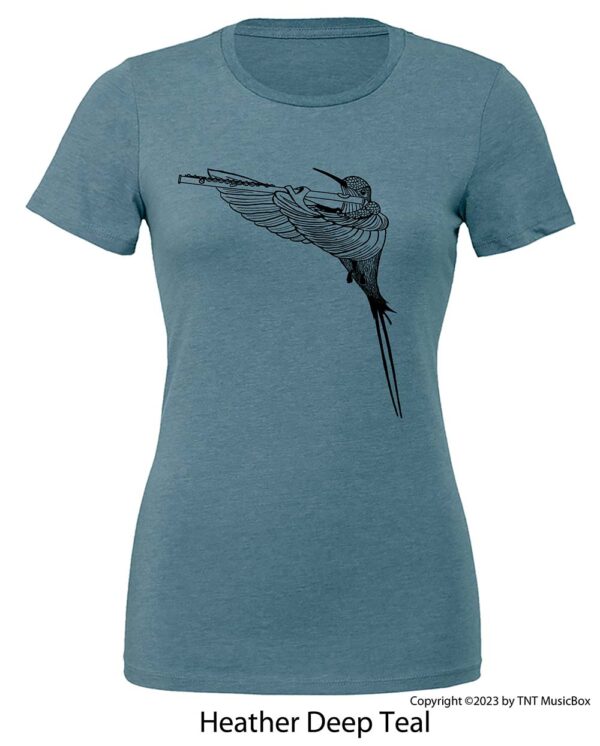 Hummingbird Playing Flute on a Heather Deep Teal T-Shirt.