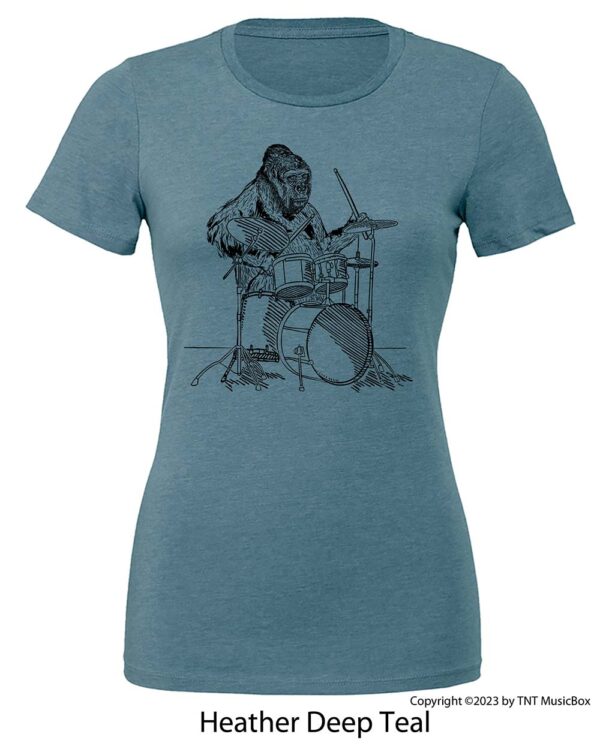Gorilla playing drums on a Heather Deep Teal t-shirt.