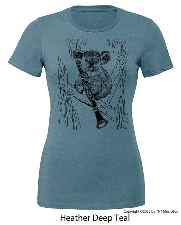 Koala playing clarinet on a Heather Deep Teal t-shirt