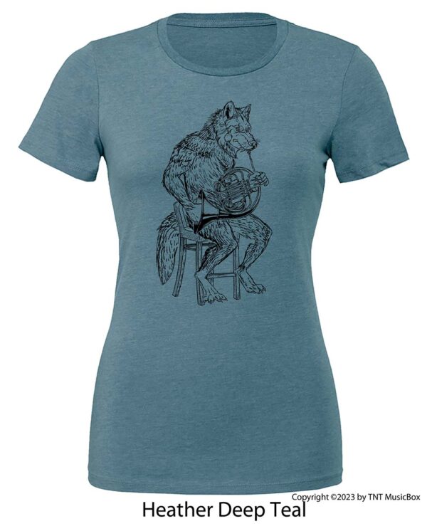 Wolf playing French Horn on a Heather Deep Teal T-shirt