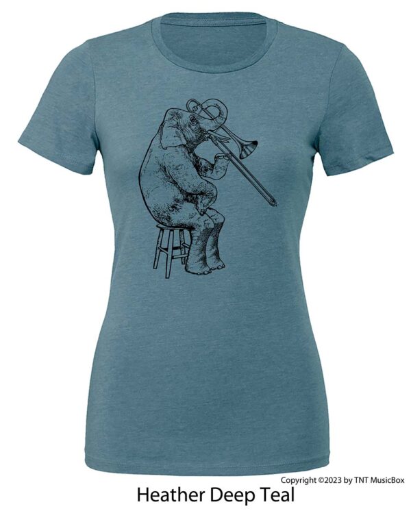 Elephant playing Trombone on a Heather Deep Teal T-shirt.