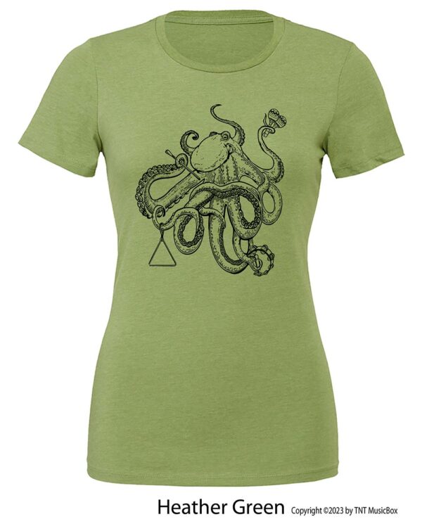 Octopus playing percussion on a heather green tee