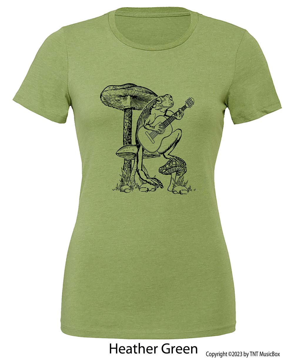 Frog Playing Guitar on a Heather Green T-shirt