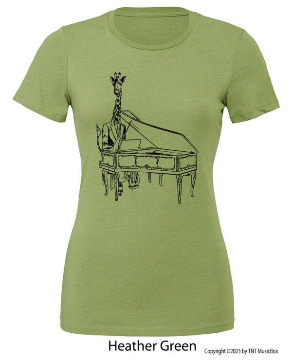 Giraffe Playing Piano on a Heather Green Shirt