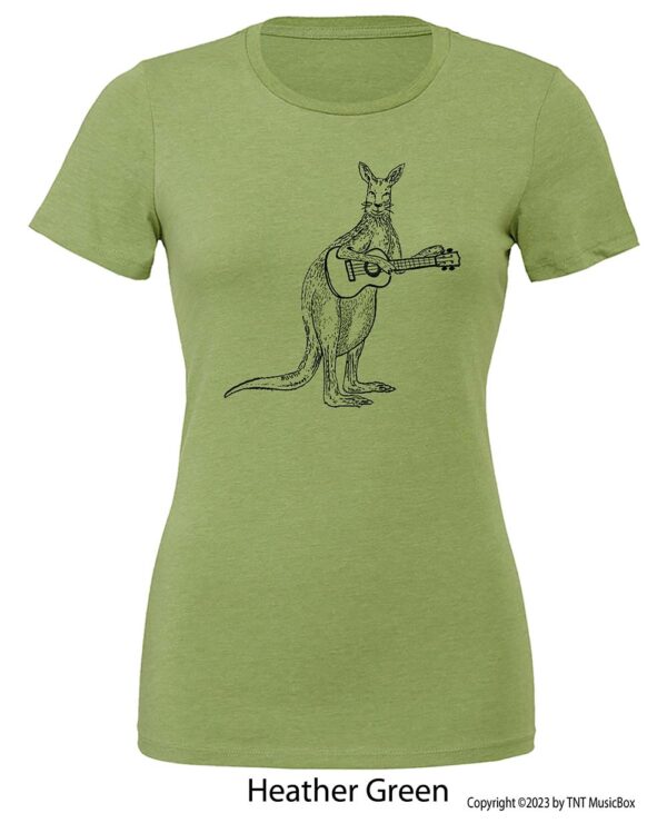 Kangaroo Playing Ukulele on a Heather Green shirt