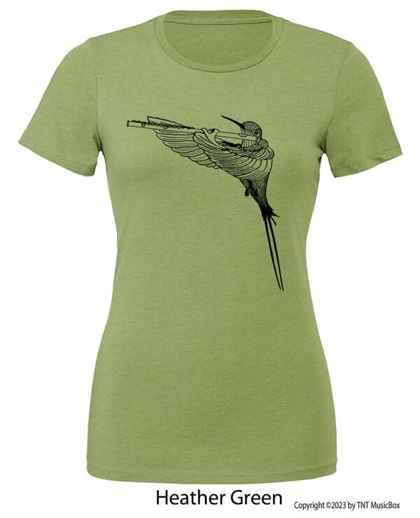 Hummingbird Playing Flute on a Heather Green T-Shirt.