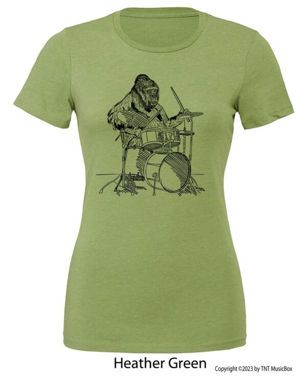 Gorilla playing drums on a Heather Green t-shirt.