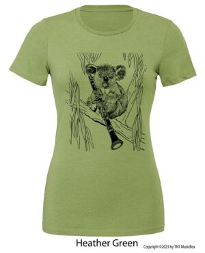 Koala playing clarinet on a Heather Green t-shirt