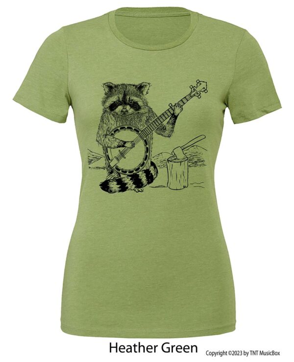 Racoon Playing Banjo on a Heather Green Tee