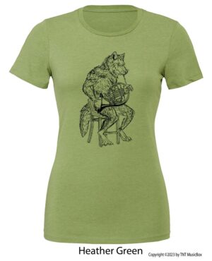 Wolf playing French Horn on a Heather Green T-shirt