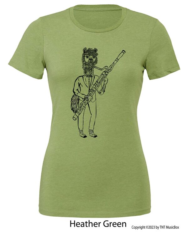 Llama Playing Bassoon on a Heather Green T-shirt