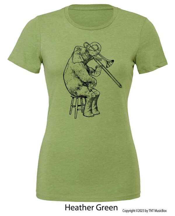 Elephant playing Trombone on a Heather green T-shirt.