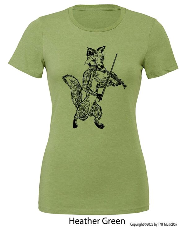 Fox Playing violin on a Heather Green T-shirt