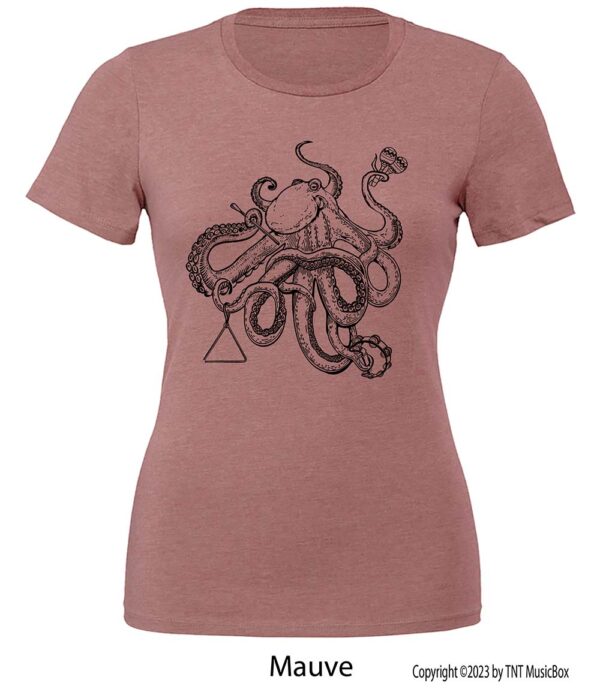 Octopus playing percussion on a mauve tee