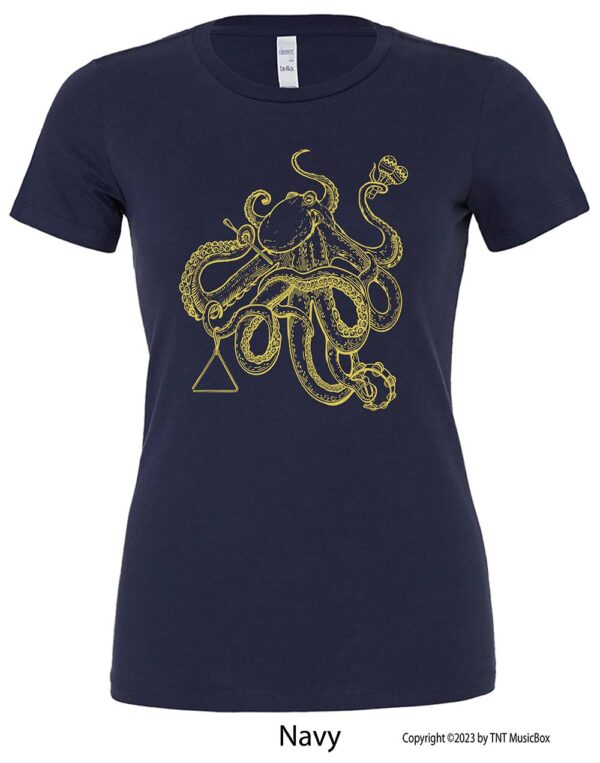Octopus playing percussion on a navy tee