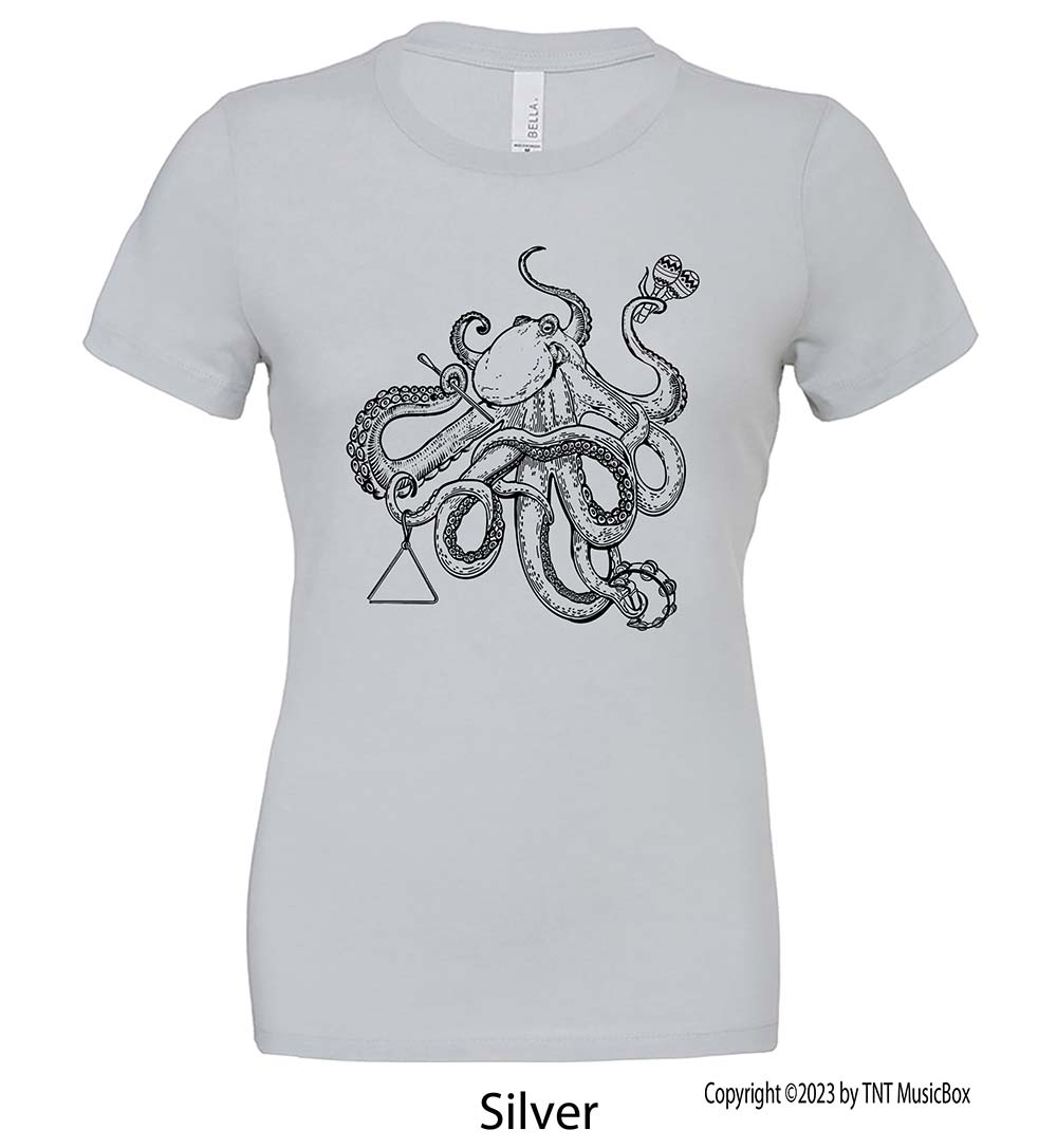 Octopus playing percussion on a silver tee